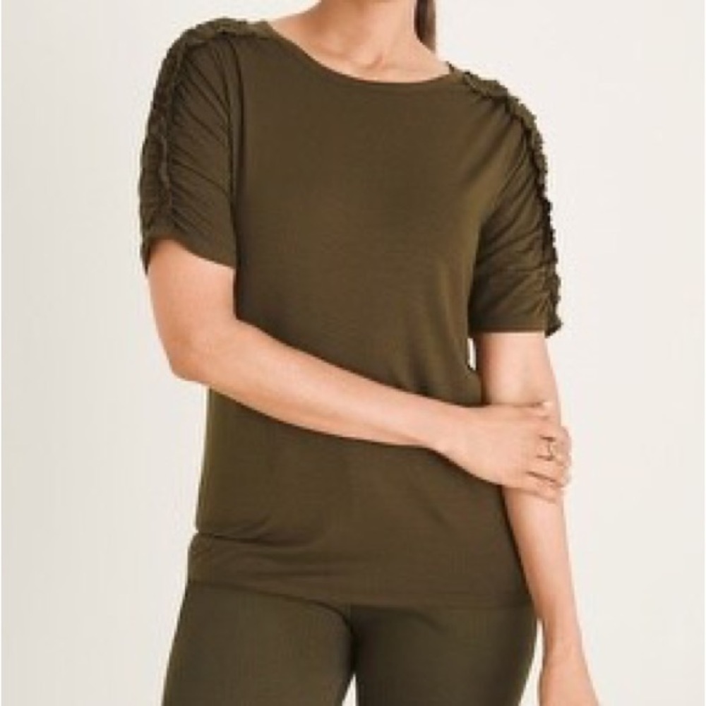 Chicos Ruffle Elbow Sleeve Olive‎ Green T-shirt